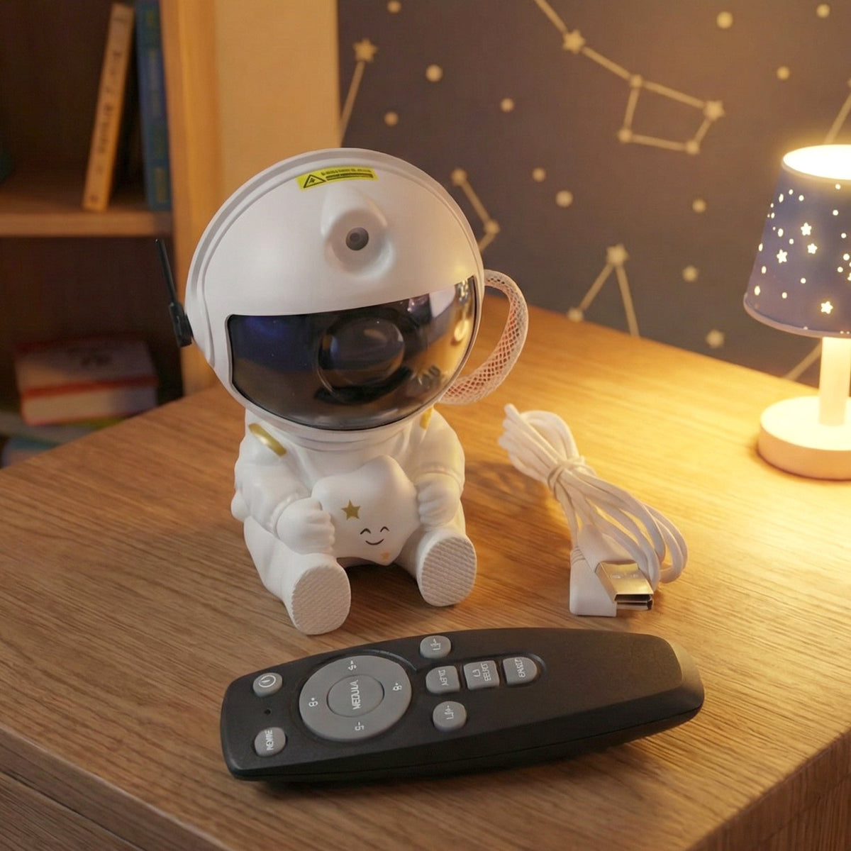 Galaxy projector on a desk projecting stars at night