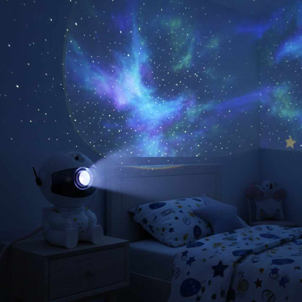 Galaxy projector on a nightstand lighting a bedroom with nebula