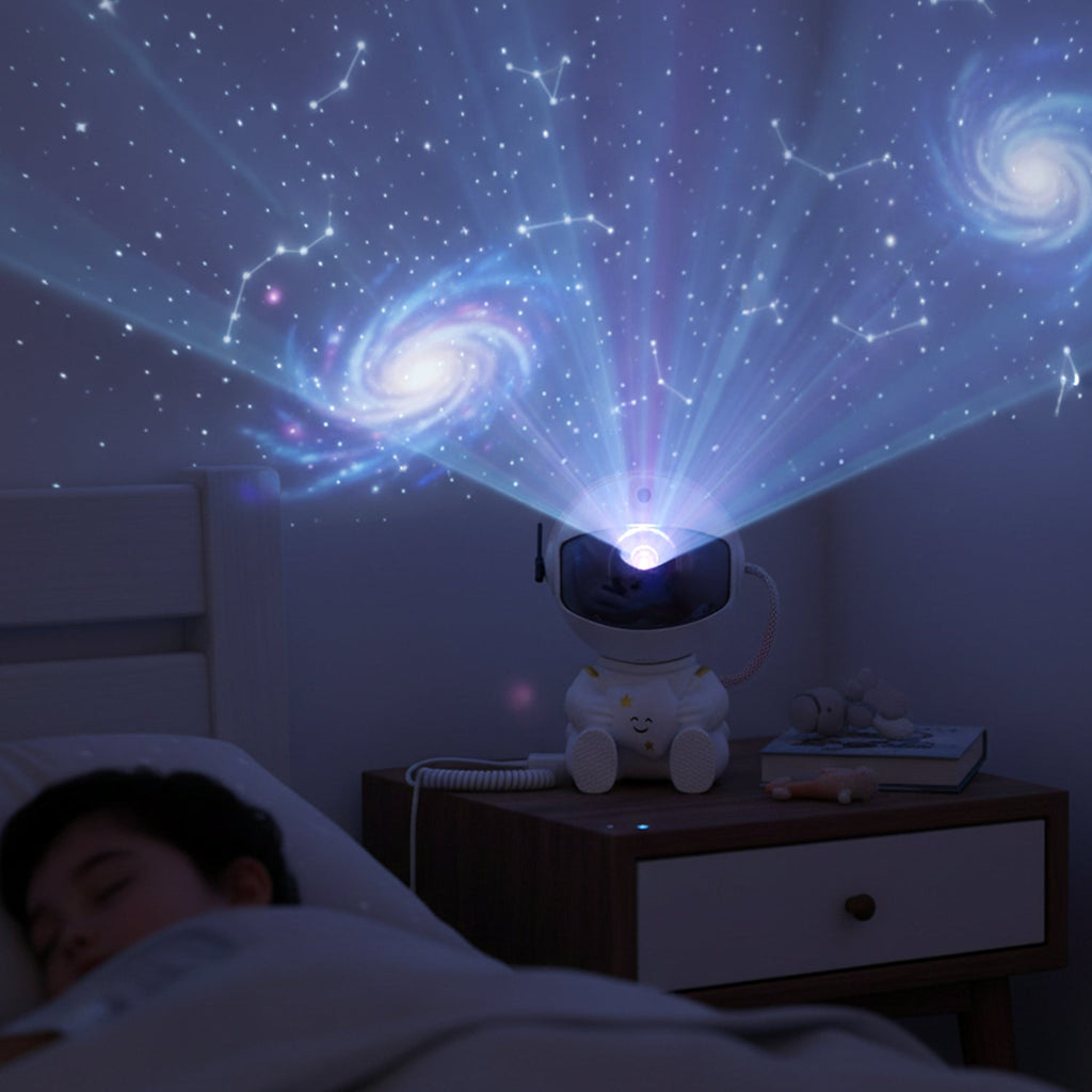Galaxy and star projection across a bedroom ceiling