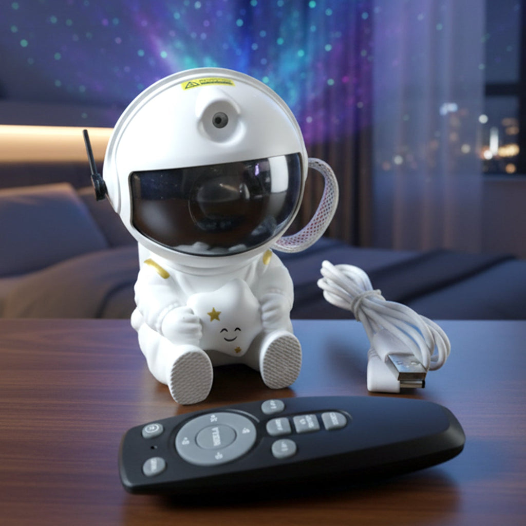 Astronaut galaxy projector casting a nebula glow in a room