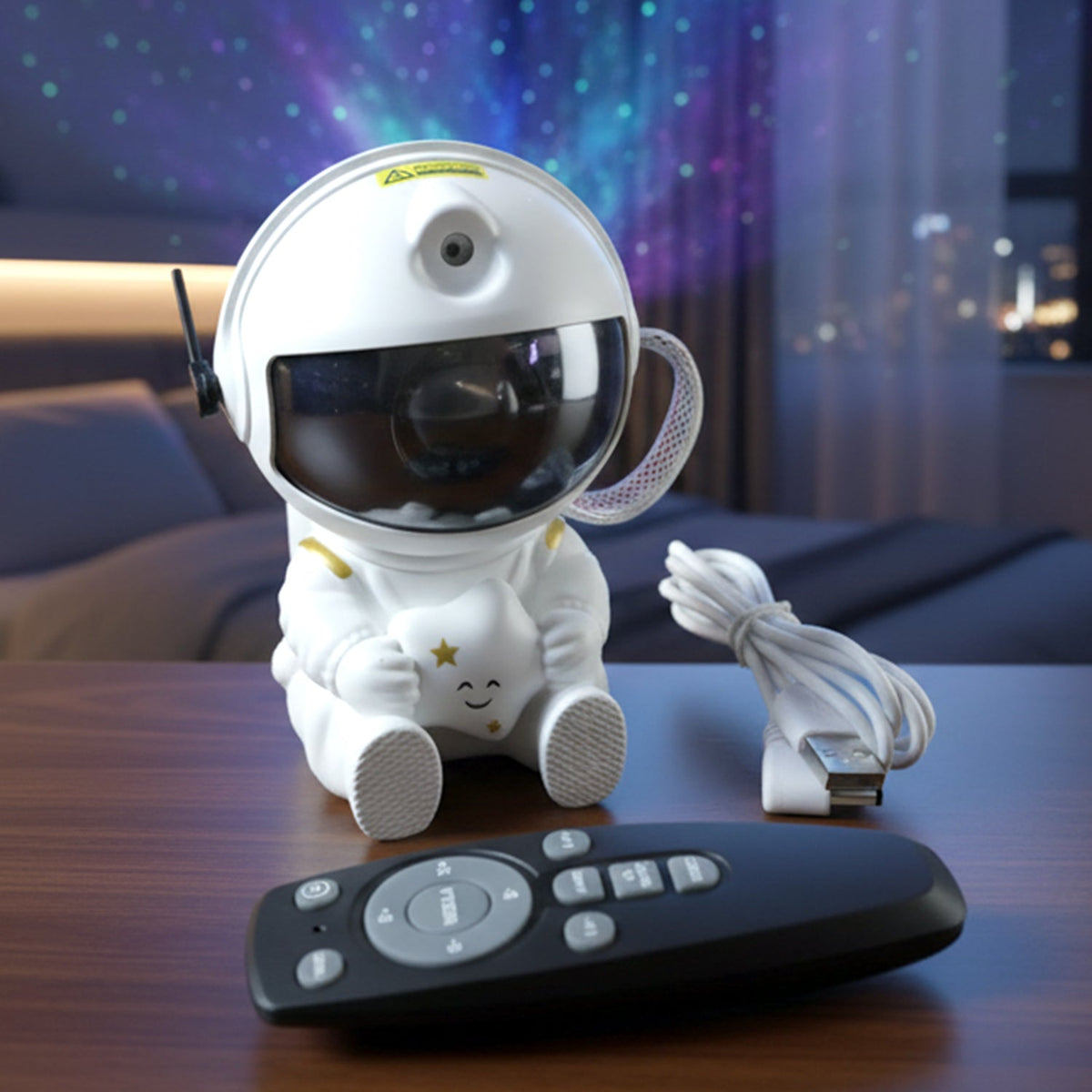 Astronaut galaxy projector casting a nebula glow in a room