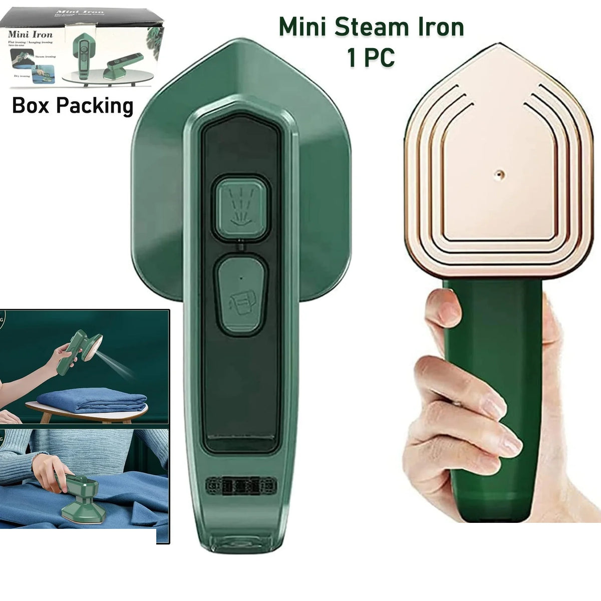 Mini steam iron with box packing and in-use shots